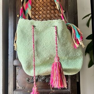 Wayuu Bag 
Handwoven Mint Green Tote with Pink Tassels